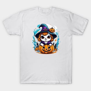 A cat in a witches hat sitting on top of a pumpkin T-Shirt